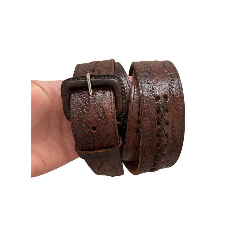 Vintage Brown Tooled Leather Belt Whipstitch Western Boho 32-36